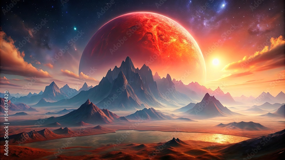 A celestial panorama of a fiery planet rising above a distant mountain range, casting a warm glow on a tranquil desert landscape with a shimmering lake reflecting the cosmic spectacle A celestial panorama of a fiery planet rising above a distant mountain range, casting a warm glow on a tranquil desert landscape with a shimmering lake reflecting the cosmic spectacle