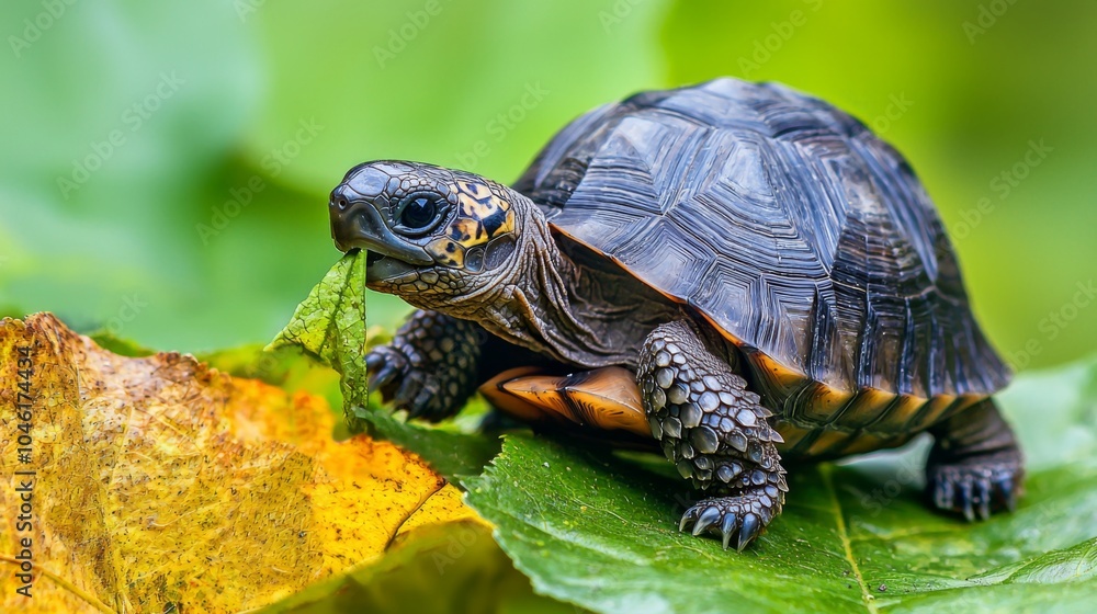 Tiny Tortoise - Baby tortoise munching on a leaf Tiny Tortoise - Baby tortoise munching on a leaf
