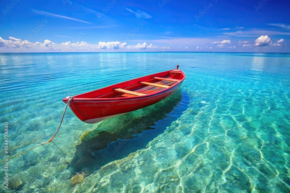 Fototapeta premium Stock photo of a hulled rowboat in a crystal clear blue sea with forced perspective