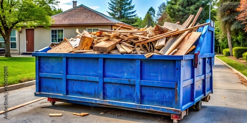 Wallpaper Mural Stock photo of a long blue dumpster filled with wood and debris in suburban driveway Torontodigital.ca