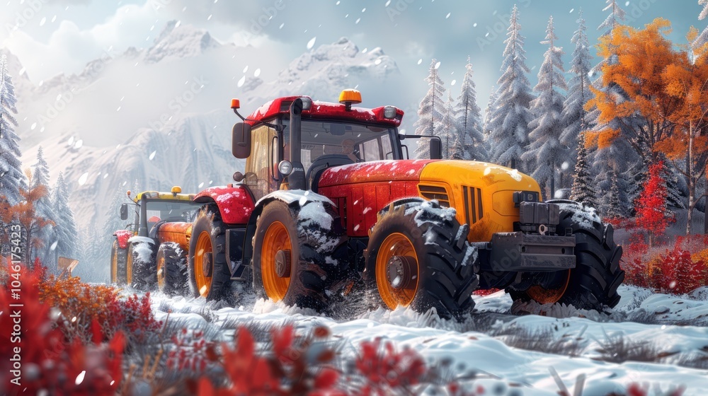 A red and yellow tractor drives through a snowy mountain landscape. A red and yellow tractor drives through a snowy mountain landscape.