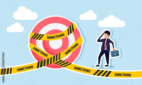 A businessman is confused by a target board sealed with a ribbon labeled SANCTIONS, illustration of sanctions on business targets that violate regulations