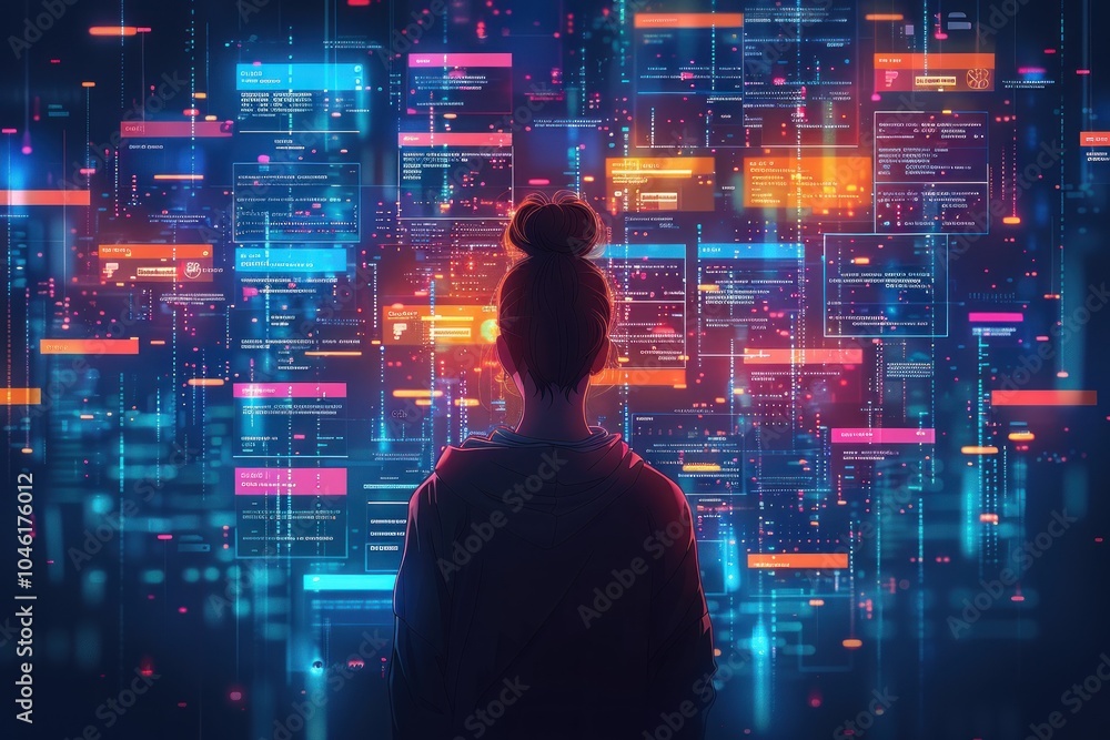 A woman stands in front of a wall of glowing digital data. A woman stands in front of a wall of glowing digital data.