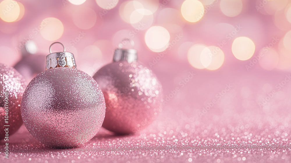 Fototapeta premium Delicate pink Christmas ornaments glisten against a soft,sparkling backdrop,capturing spirit of holiday season and its bright,joyful ambiance,copy space