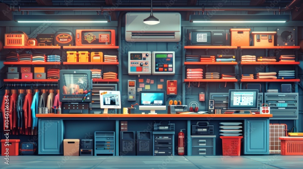 A small, cluttered office space with shelves full of supplies, a desk with a computer, and a rack of clothing. A small, cluttered office space with shelves full of supplies, a desk with a computer, and a rack of clothing.