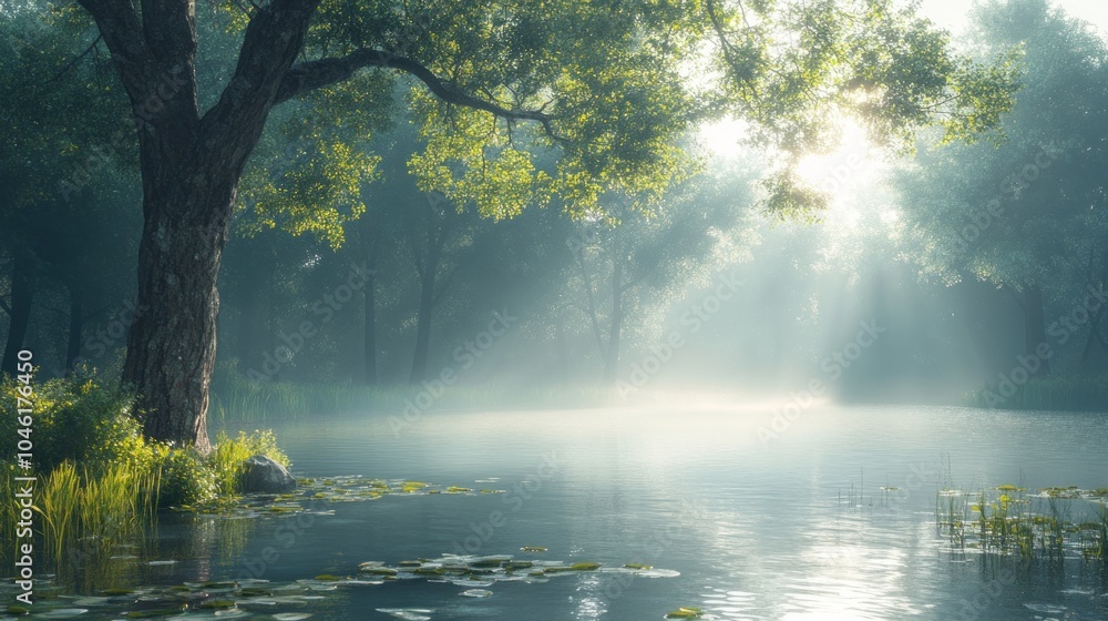 Serene forest scene with misty water and sunlight filtering through trees. Serene forest scene with misty water and sunlight filtering through trees.