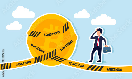 A businessman is confused by a bitcoin sealed with a ribbon labeled SANCTIONS, illustration of sanctions received for abusing bitcoin assets