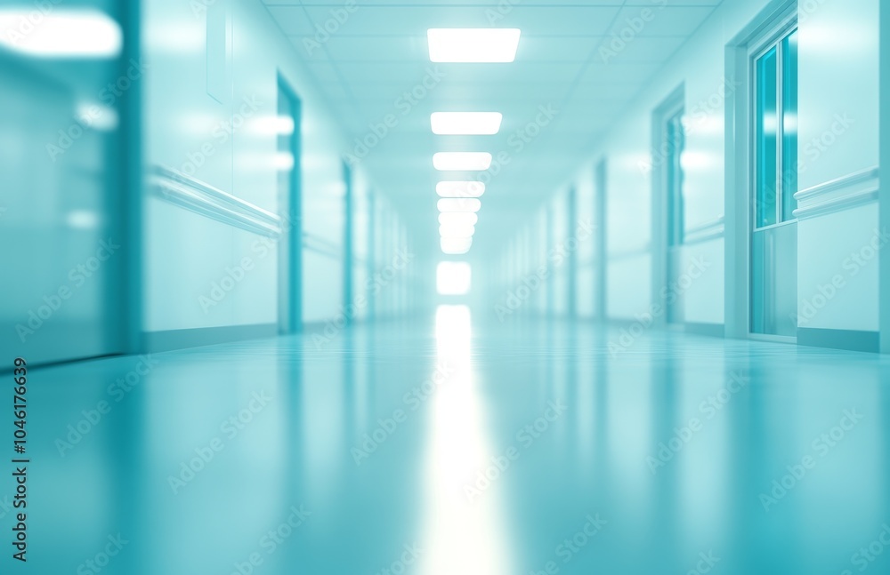 A long, empty hallway with bright white lights and blue walls. A long, empty hallway with bright white lights and blue walls.