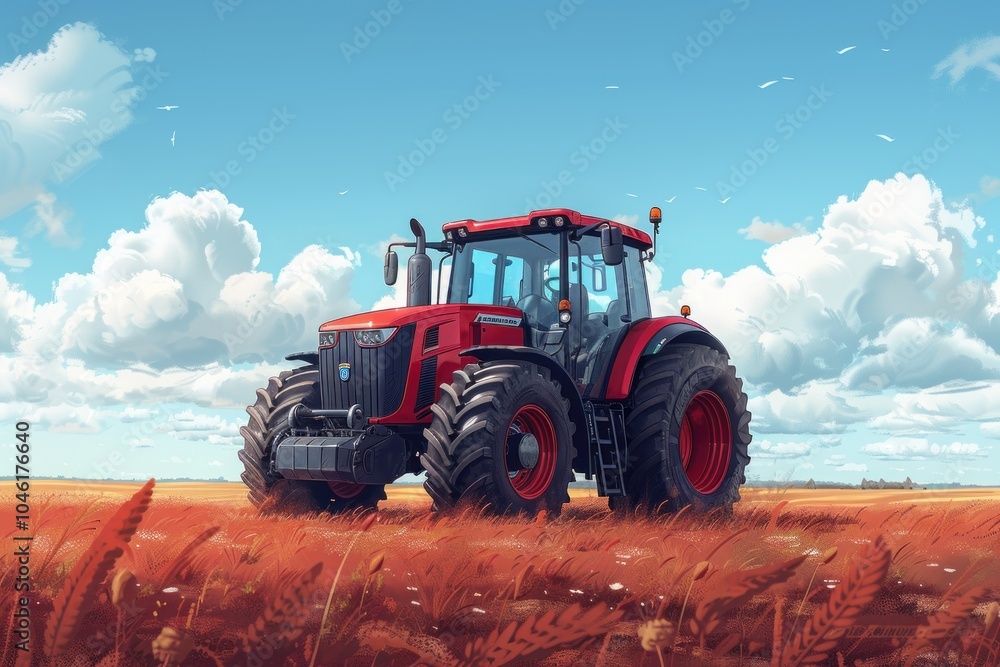 Fototapeta premium A red tractor sits in a field of dry grass under a blue sky with white clouds.