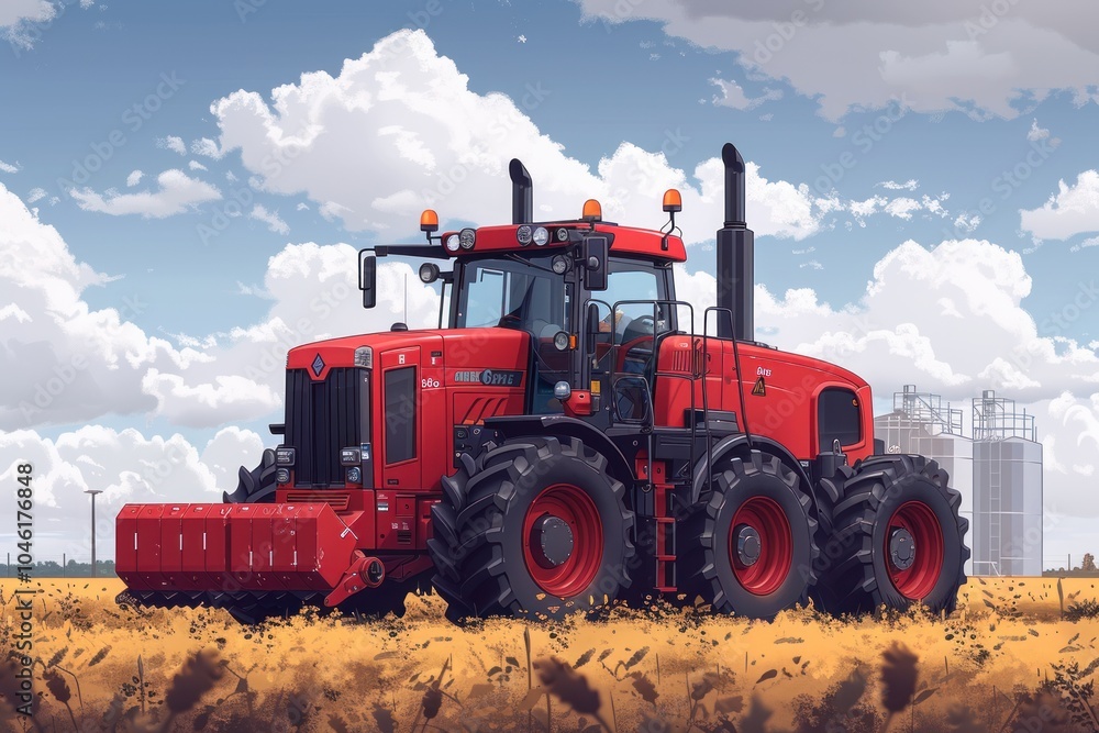Obraz premium A red tractor with large wheels stands in a field of stubble, silhouetted against a cloudy sky.