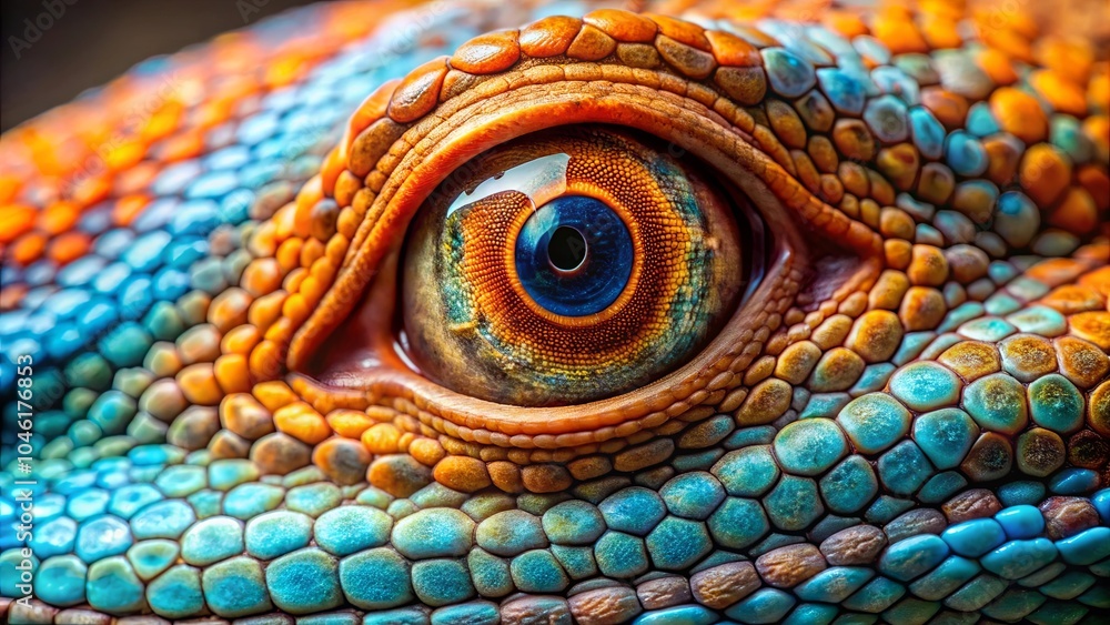 Fototapeta premium A close-up view of a reptile's eye, showcasing the intricate details of its textured skin and the mesmerizing blue iris reflecting a world unseen.