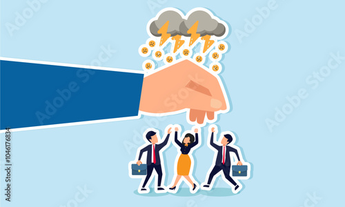 A hand protects businesspeople from a storm of sad emoticons, illustration of regulatory protection against consumer dissatisfaction with businesses