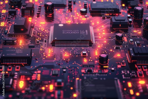 Close-up of a circuit board with glowing red lights and a central processor.