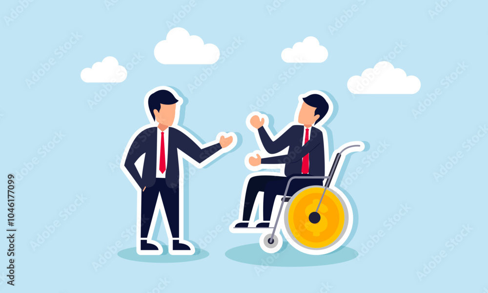 A businessman talks to another businessman in a wheelchair next to a dollar coin, illustration of sharing with others or mentors to find solutions for effective business investment methods A businessman talks to another businessman in a wheelchair next to a dollar coin, illustration of sharing with others or mentors to find solutions for effective business investment methods