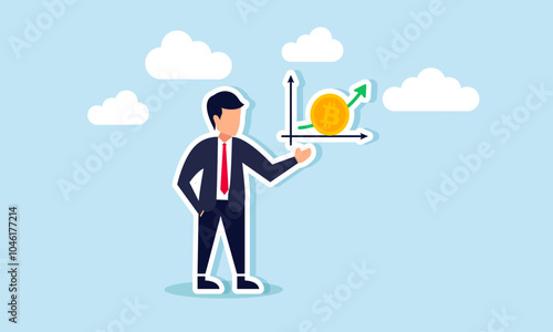 A businessman points to a rising Bitcoin graph, illustration of showcasing performance and results of effective Bitcoin investment strategies