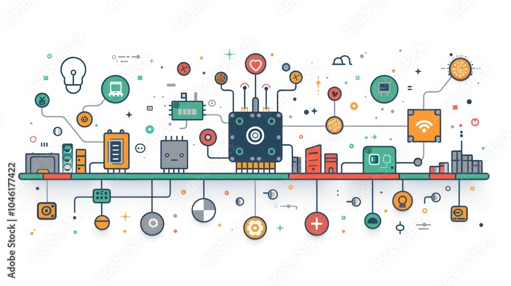Abstract illustration of a central processing unit with various icons connected by lines representing data flow and interconnected systems. Abstract illustration of a central processing unit with various icons connected by lines representing data flow and interconnected systems.