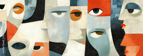 A painting of several faces with one saying 