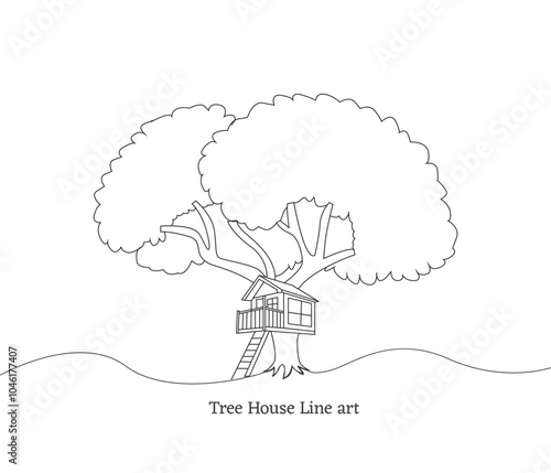 Single continuous line drawing of tree house. coloring book pages for kids and adults with vector illustration.