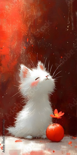 A cute white kitten with soft fur enjoys the aroma of a small red flower placed beside an orange fruit, set against a warm, vibrant background.