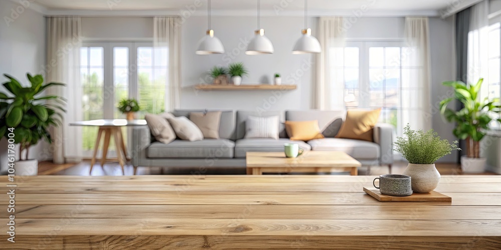 A Minimalist Living Room with a Wooden Tabletop Featuring a Ceramic Mug and a Potted Plant A Minimalist Living Room with a Wooden Tabletop Featuring a Ceramic Mug and a Potted Plant