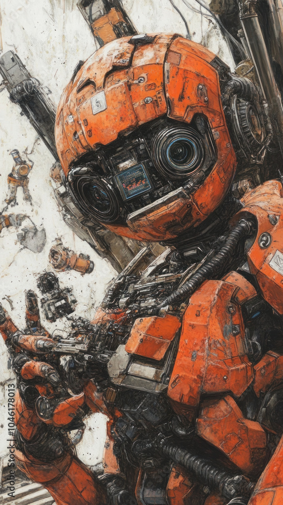 A robot with a red helmet and blue eyes is posing for a picture. The robot is surrounded by various objects, including a pile of books and a chair. The scene has a futuristic and industrial feel A robot with a red helmet and blue eyes is posing for a picture. The robot is surrounded by various objects, including a pile of books and a chair. The scene has a futuristic and industrial feel