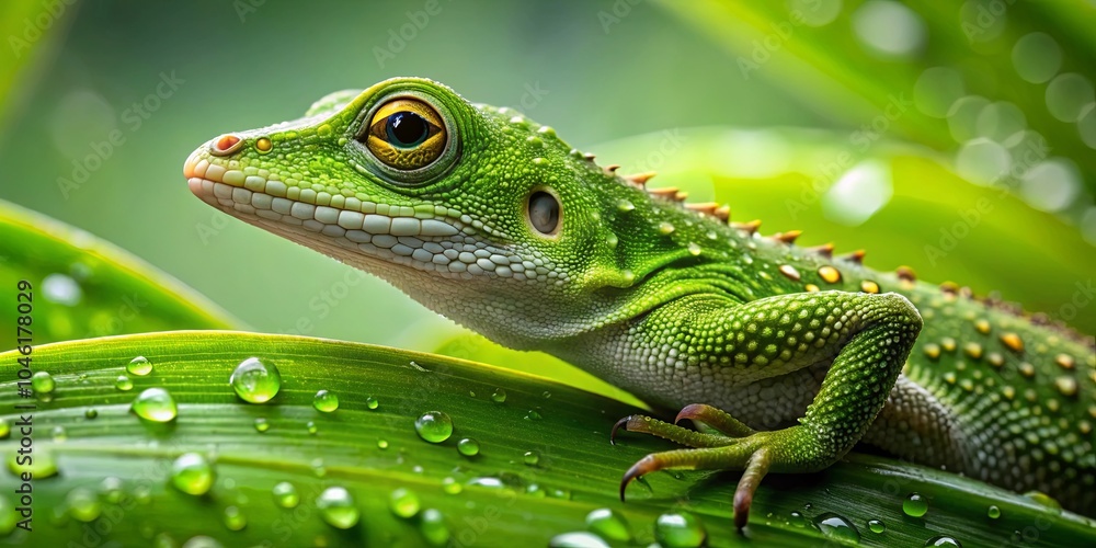 Obraz premium A Vivid Green Lizard Perched on a Dew-Covered Leaf, Its Eyes Glowing with an Inner Light