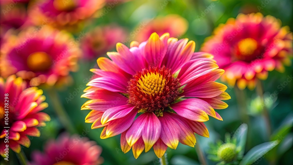 Obraz premium A single vivid pink flower with yellow tips, bursting forth from a field of vibrant blooms, its delicate petals catching the soft light of the sun.
