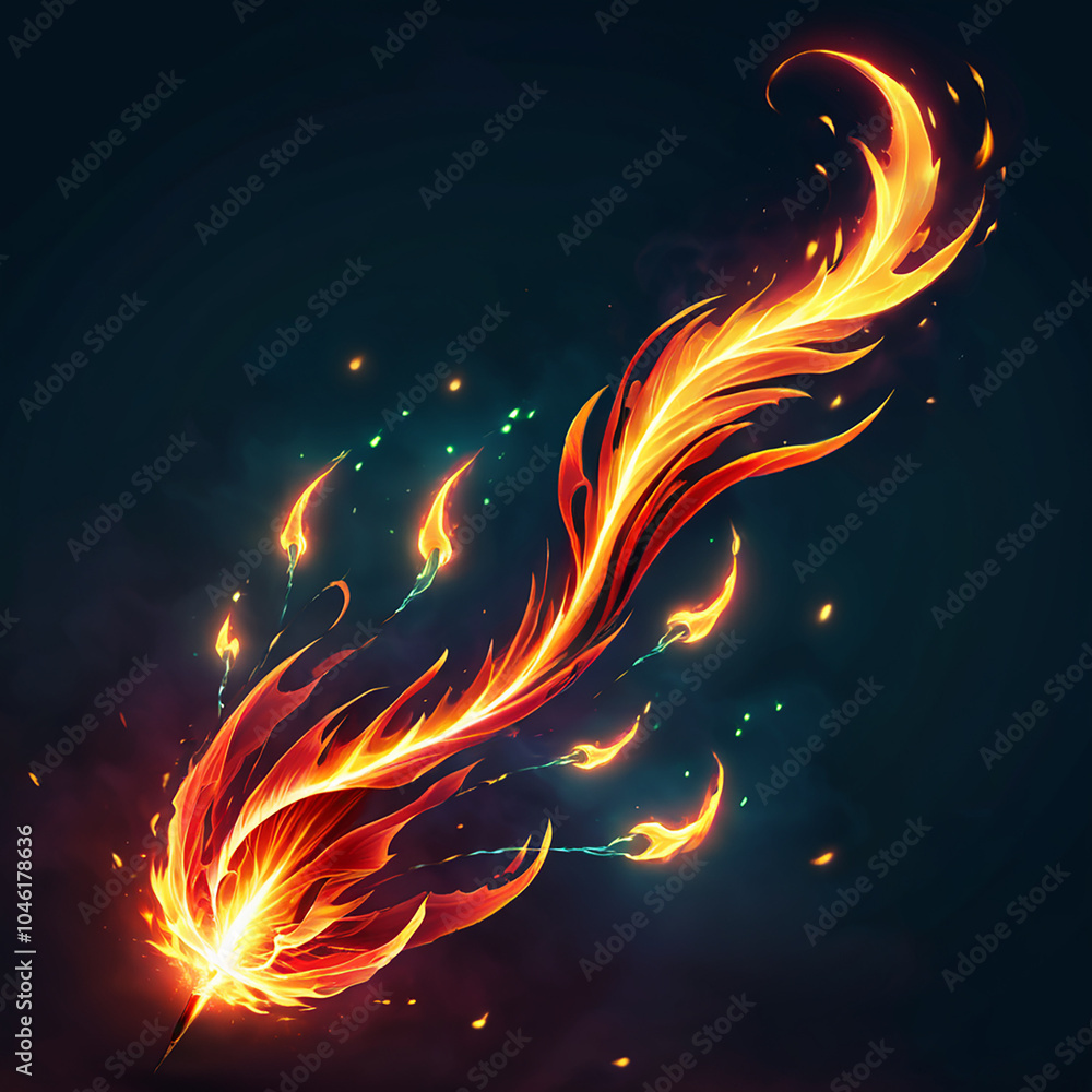 A fiery arrow with a feathered trail flies through the air, leaving a blazing trail against a dark, smoky sky. Tiny sparks of light and flame surround it. A fiery arrow with a feathered trail flies through the air, leaving a blazing trail against a dark, smoky sky. Tiny sparks of light and flame surround it.