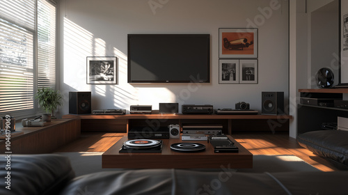 A sleek, modern living room with retro technology placed subtly on a minimalist shelf--a vintage rotary phone, an old camera, or a record player