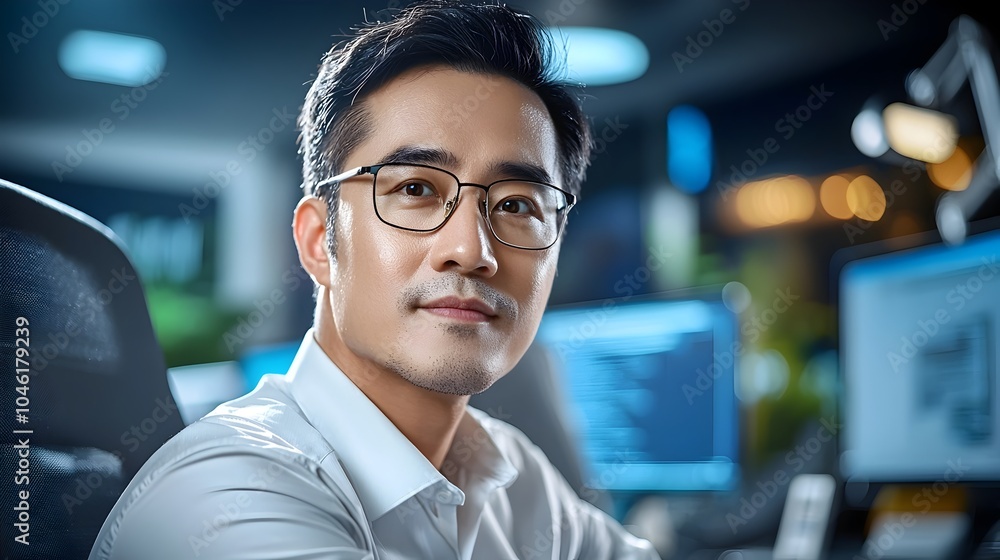 Fototapeta premium Asian telecommunications engineer in professional outfit examining and maintaining network cables and equipment in a data center with advanced technological environment copy space for text