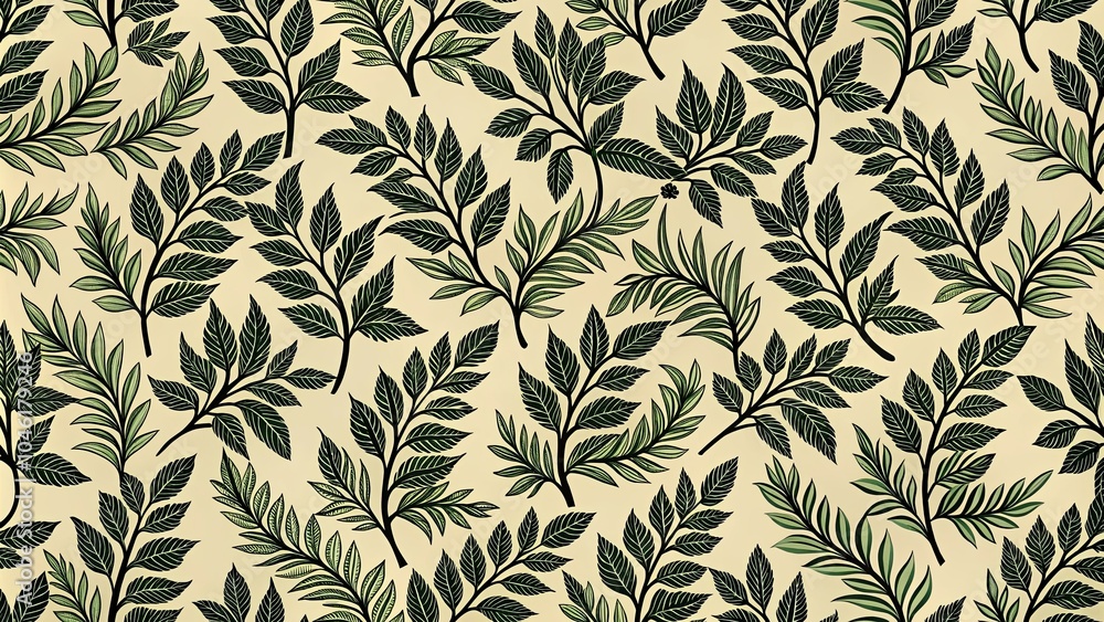 Fototapeta premium A Seamless Pattern of Delicate Green Branches with Intricate Leaf Details on a Light Yellow Background