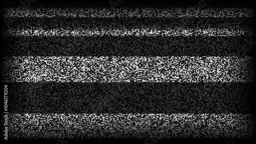 TV static noise background. Glitch pixelated television screen. Lost or bad TV signal VHS video with black stripes wallpaper. White noise grain. CRT screen with interferences and glitches. Vector