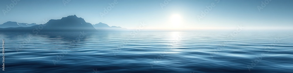 Serene seascape at sunrise with calm waters and distant mountains. Serene seascape at sunrise with calm waters and distant mountains.