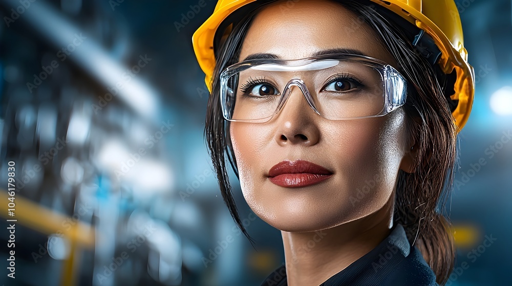 Asian Female Mechanical Engineer Standing Near Machinery in a Clean and Organized Industrial Factory Workspace with Copy Space on the Side Asian Female Mechanical Engineer Standing Near Machinery in a Clean and Organized Industrial Factory Workspace with Copy Space on the Side