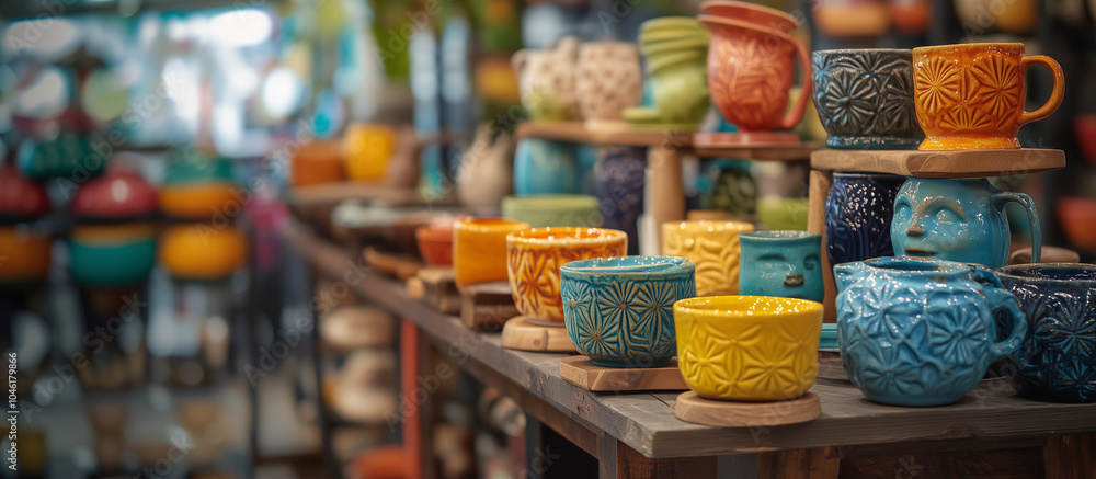 Fototapeta premium Group artisan pottery mugs shelf table colorful handmade ceramics rustic textured embossed boho market craft tableware shelf display lifestyle background decor glazed earthware clay fired crafting DIY