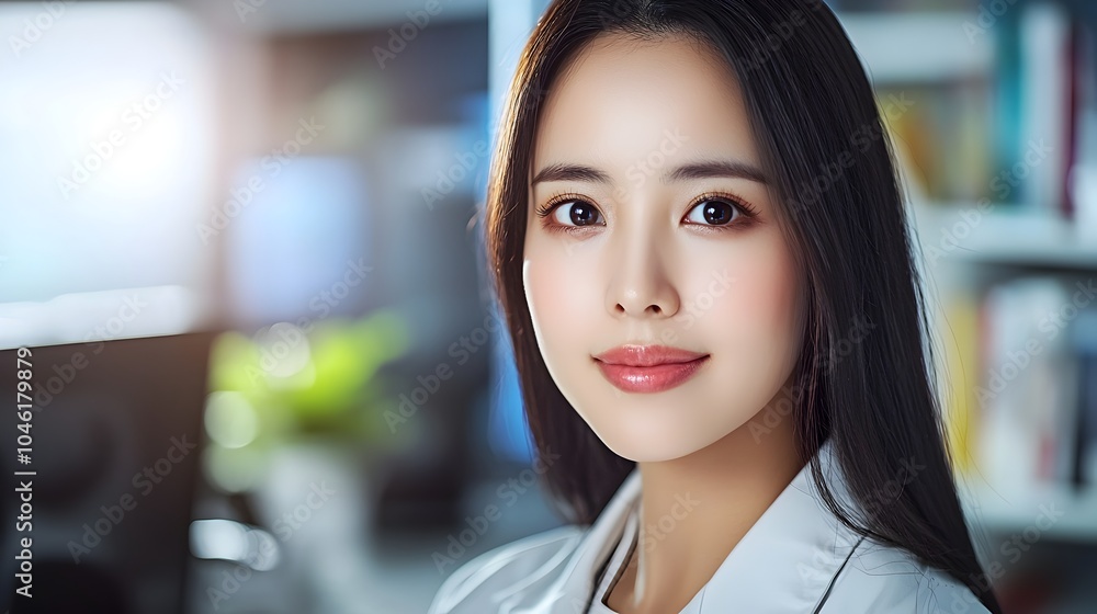 Naklejka premium Asian Woman in Professional Uniform Standing at Hospital Reception Desk Offering Friendly and Efficient Customer Service in Clean Welcoming Environment