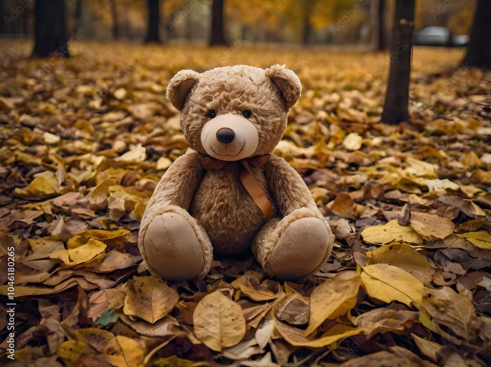 Teddy Bear Sitting in Autumn Leaves Teddy Bear Sitting in Autumn Leaves