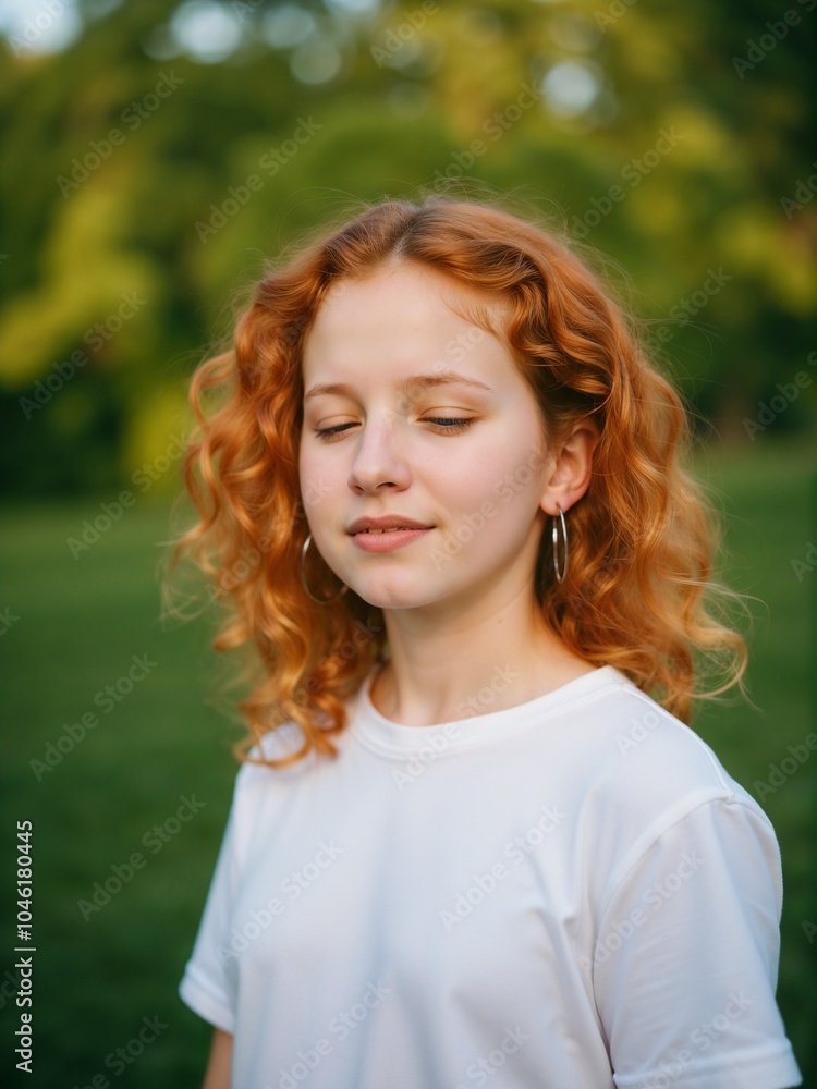 Serene Young Girl with Wavy Red Hair Enjoying Nature in a Park Serene Young Girl with Wavy Red Hair Enjoying Nature in a Park
