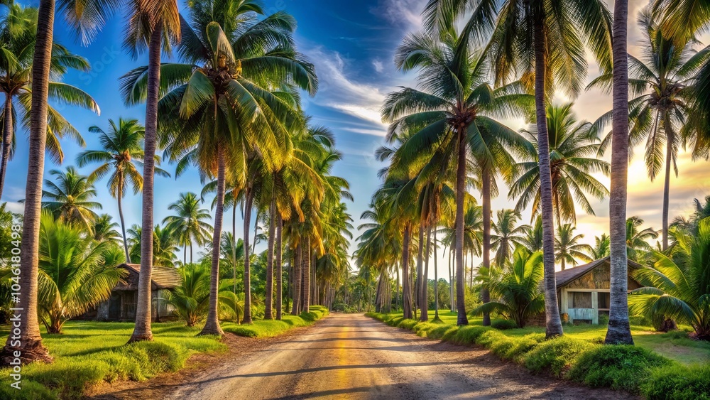 Obraz premium A sun-drenched path through a canopy of towering palm trees, the golden rays illuminating a tranquil landscape with lush greenery and quaint structures hidden amongst the foliage.