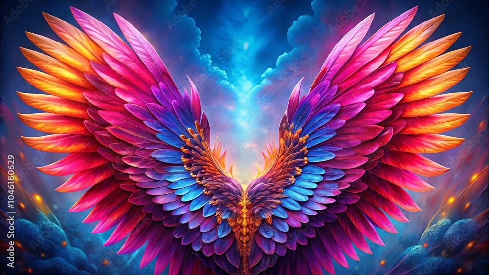 Obraz premium A symphony of iridescent feathers, woven with hues of crimson, sapphire, and gold, stretches towards a celestial expanse, promising an ethereal journey.