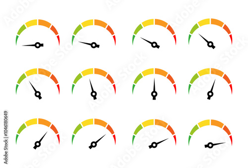 Speedometer, gauge meter icons. Vector scale, level of performance. Speed dial indicator . Green and red, low and high barometers template 3