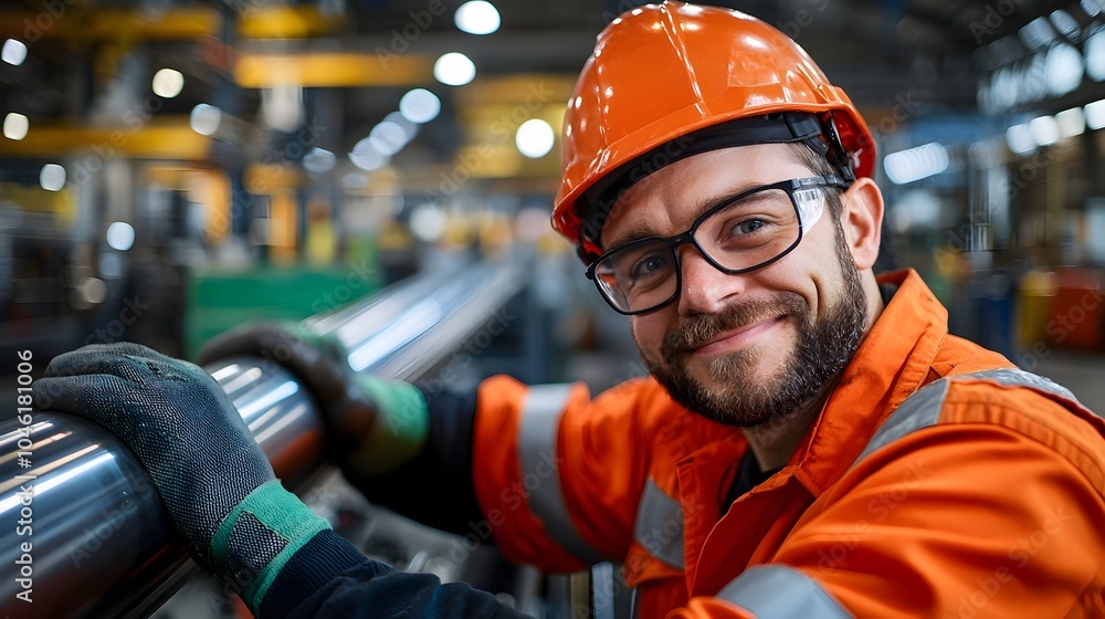 Professional engineer skillfully operating a hydraulic tube bender to precisely bend a long steel pipe in an industrial workshop or factory setting Professional engineer skillfully operating a hydraulic tube bender to precisely bend a long steel pipe in an industrial workshop or factory setting