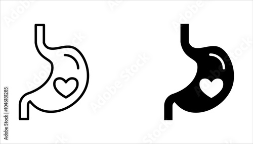 Intestine with heart icon set. Healthy internal organ on white background