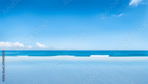 Watercolor painting depicting a serene beach scene. The layout is horizontal  with a clear division between the sky  sea  and sand. 