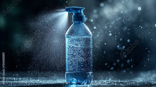 Spray bottle with water drops on dark background. Cleaning concept