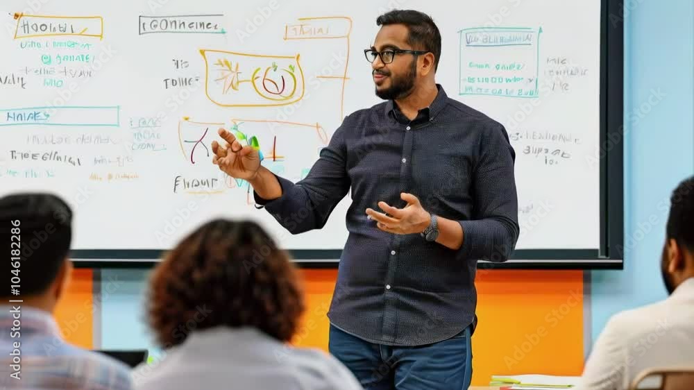 A man is presenting in front of a whiteboard A man is presenting in front of a whiteboard