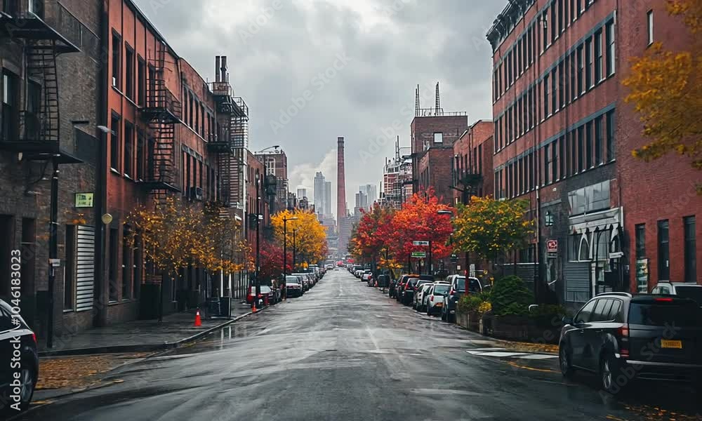 A city street lined with autumn trees and buildings under a cloudy sky. A city street lined with autumn trees and buildings under a cloudy sky.