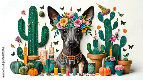 Xoloitzcuintli dog wearing flower garland, surrounded by cacti and candles, symbolizing the Mexican celebration of Dia de los Muertos and the cultural significance of this ancient breed. Banner