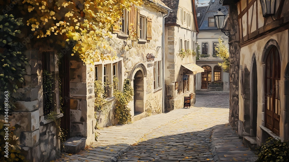 Fototapeta premium Oil painting style streets of a European town in the afternoon