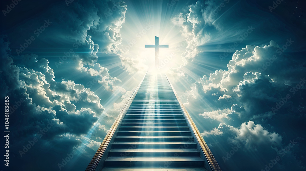The bright light of heaven shines down upon a staircase leading up to a large cross. The bright light of heaven shines down upon a staircase leading up to a large cross.